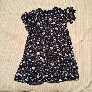 Girls Navy Blue Dress with Pink Flowers and Ruffle Sleeves